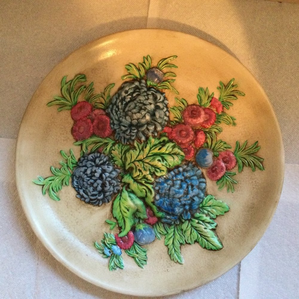 Vintage large Plate 3D relief wall art hand painted flowers 14.5" heavy signed
